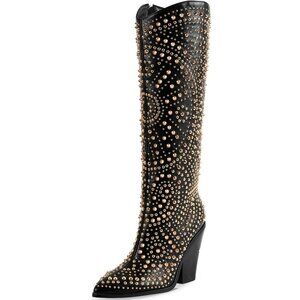 ⚡Women's Black Pointed Toe Chunky Heel Boots Knee High Luxurious Studded